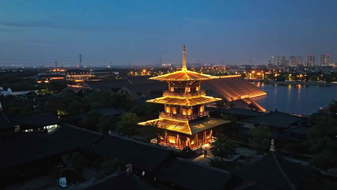 上海松江广富林文化遗址夜景航拍