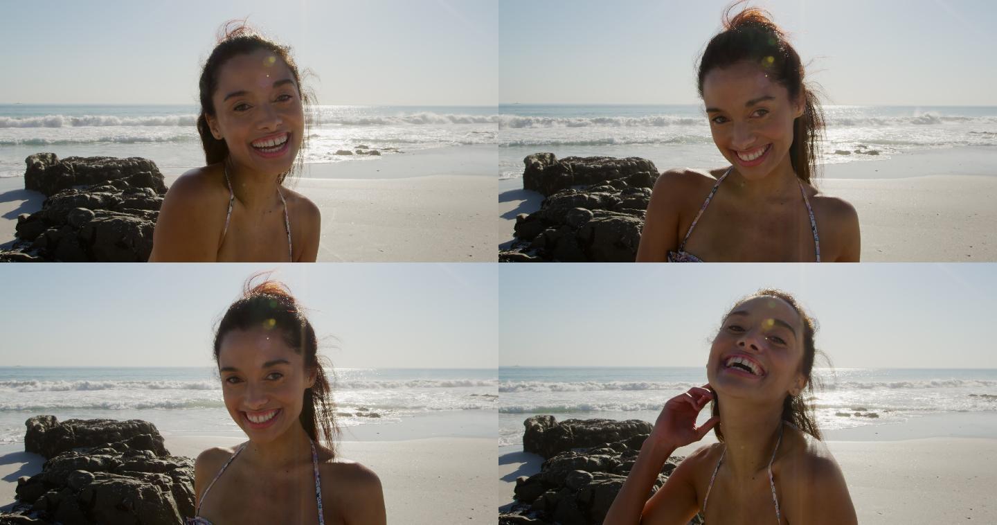 海边的年轻女子大海海浪巨浪气势磅礴海浪拍