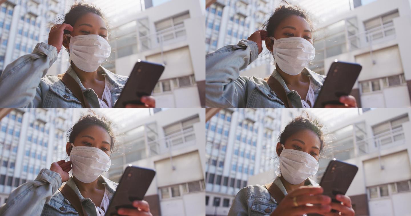 混血妇女戴着冠状病毒医疗口罩在街上行走