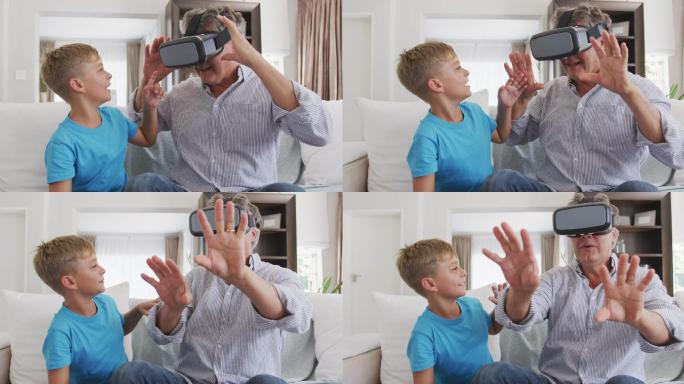 一位戴着虚拟现实头盔的老人和她的孙子在一起