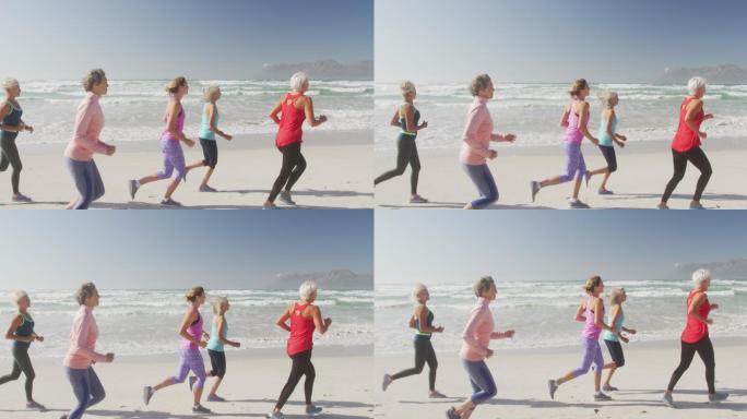 老年妇女在海滩上跑步