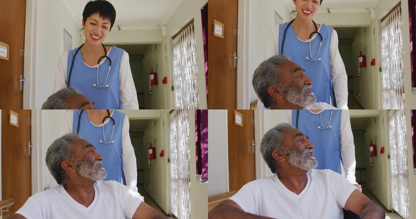 护士在养老院帮助一位老人