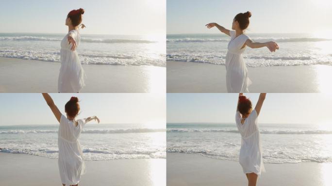 海边的年轻女子美女白色裙子古典优美优雅舞