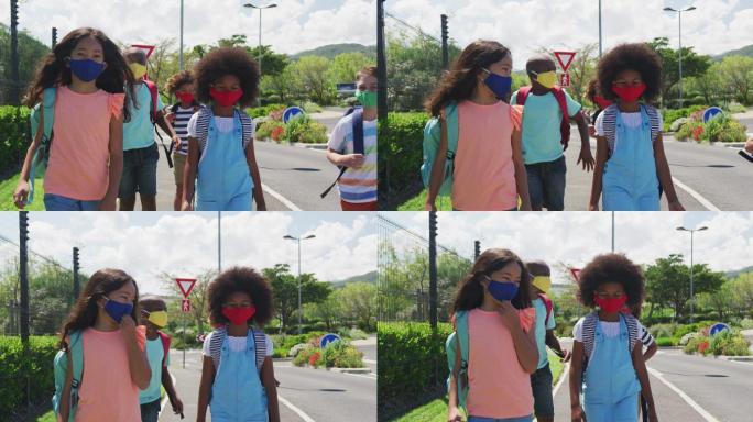 一群孩子戴着口罩走在路上