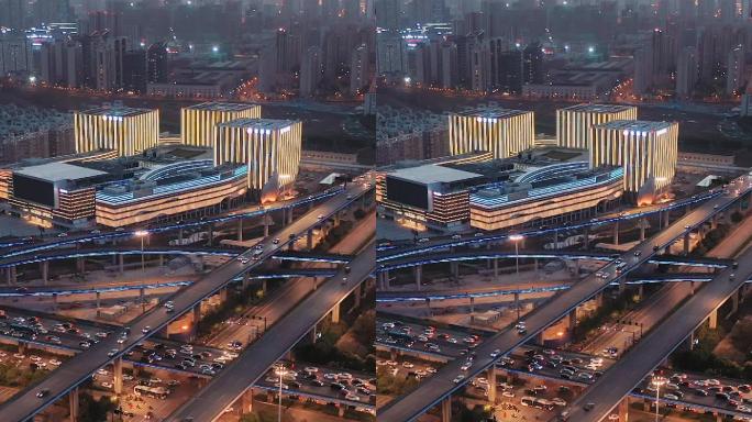 鸟瞰杭州超大型立交桥石德立交车水马龙夜景