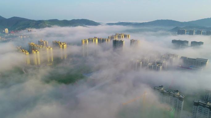 航拍城市视频晨雾的怀化