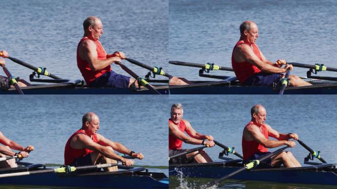 两个年长的白人男子在河上划船