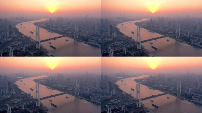 上海黄浦江两岸南浦大桥日落风景大气航拍