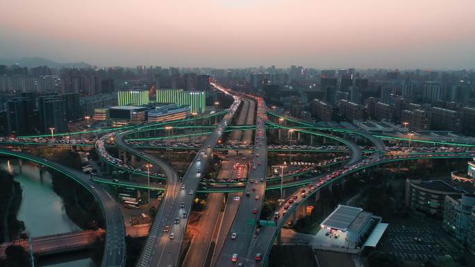 鸟瞰杭州超大型立交桥石德立交车水马龙夜景