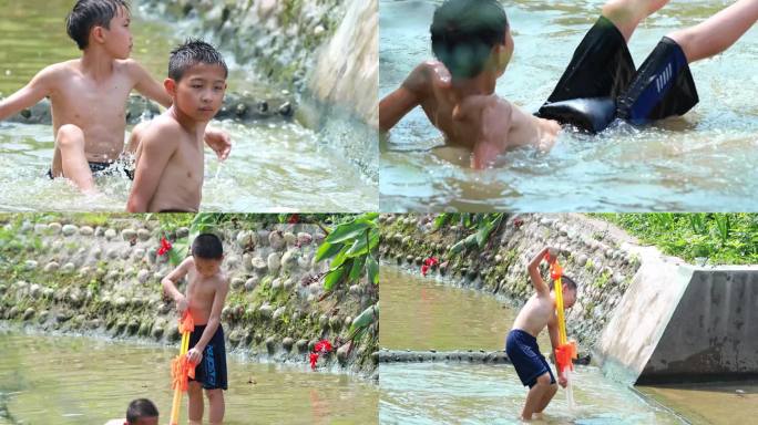 暑假农村儿童河边洗澡戏水儿时玩伴夏天玩水