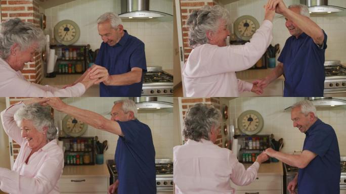 资深白种人夫妇在厨房跳舞的慢镜头