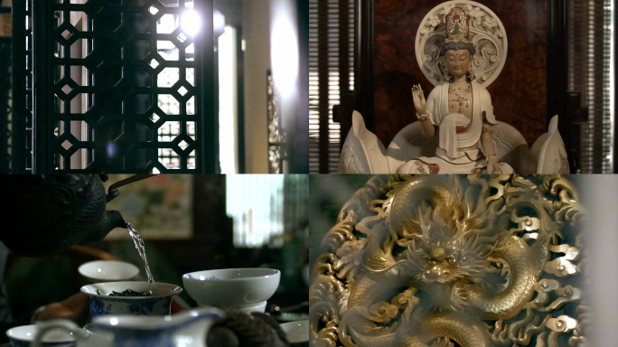中式装修 空镜 观音佛像 龙雕塑 泡茶