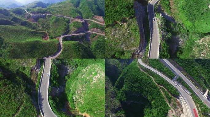 山脉森林汽车盘山公路行驶山路航拍汽车广告