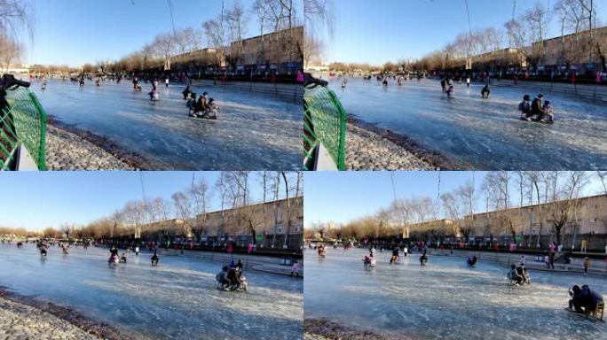 公园  河面上滑冰  冬天
