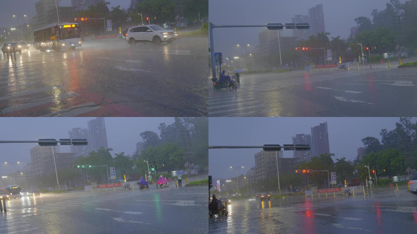 城市下雨红绿灯路口