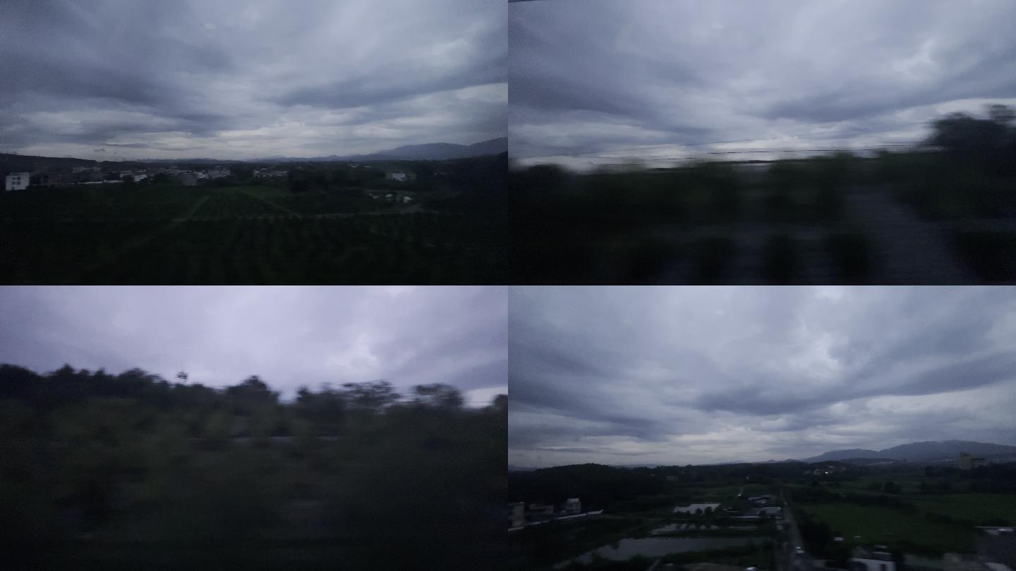 坐高铁火车车窗外风景沿途风景阴雨天窗外景
