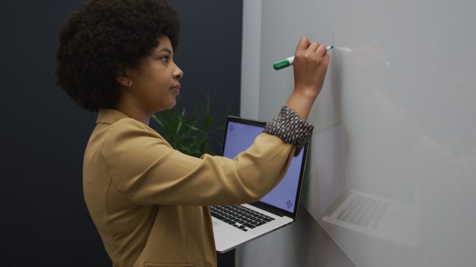 混血女商人站在现代办公室里用笔记本电脑在黑板上写字