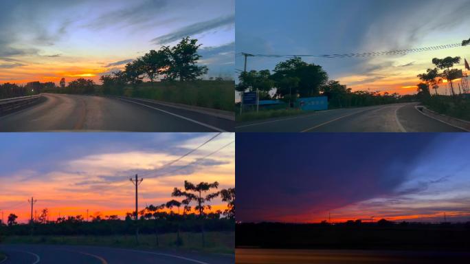 4k60帧开车路上的黄昏美丽风景