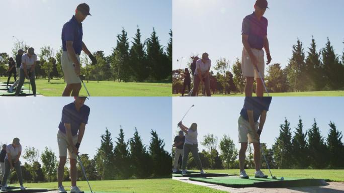 一个阳光明媚的日子，老年人在高尔夫球场练习高尔夫球