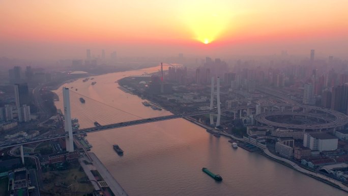 上海黄浦江两岸南浦大桥日落风景大气航拍