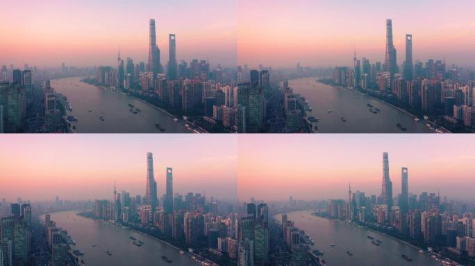 上海黄浦江两岸陆家嘴日落风景大气航拍