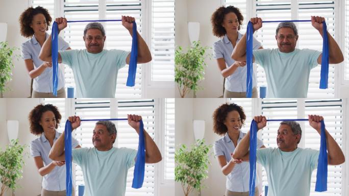 混合种族的女性物理治疗师帮助高级男子使用锻炼带锻炼