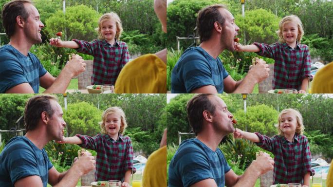 微笑的白人男孩喂他的父亲一个草莓在庭园家庭餐