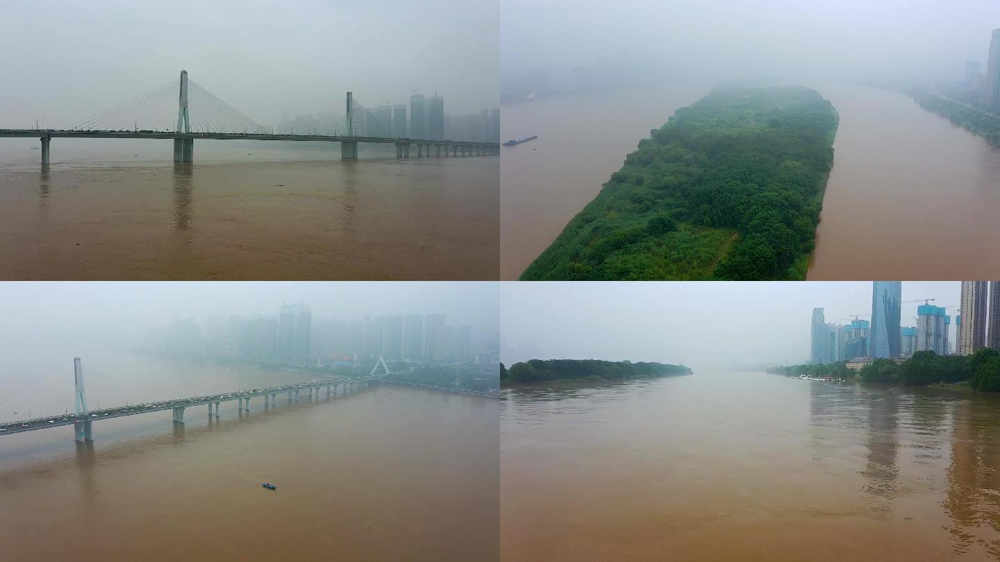 航拍湘江长沙段洪水过境