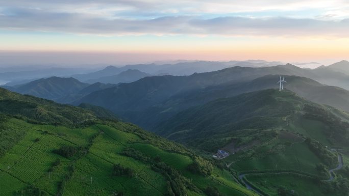 航拍浙江会稽山东白山风车茶山早晨晨雾云雾