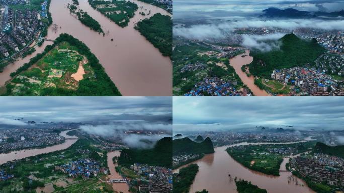 航拍桂林夏季暴雨洪峰过境2022年6月新