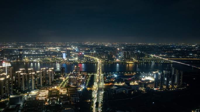 航拍广州南沙城市交通夜景4k延时