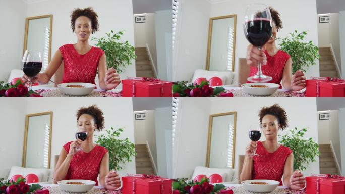 一个混血女子在情人节视频约会，喝着酒