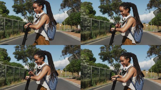 非洲裔美国妇女骑摩托车看智能手表