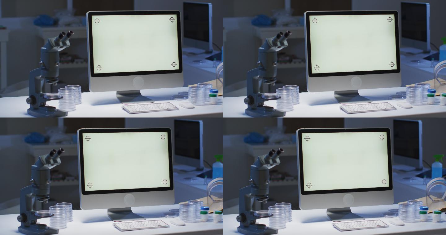 空实验室工作站上带发光屏幕的台式电脑
