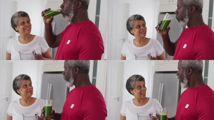 非裔美国老年男女在家饮用果蔬保健饮品