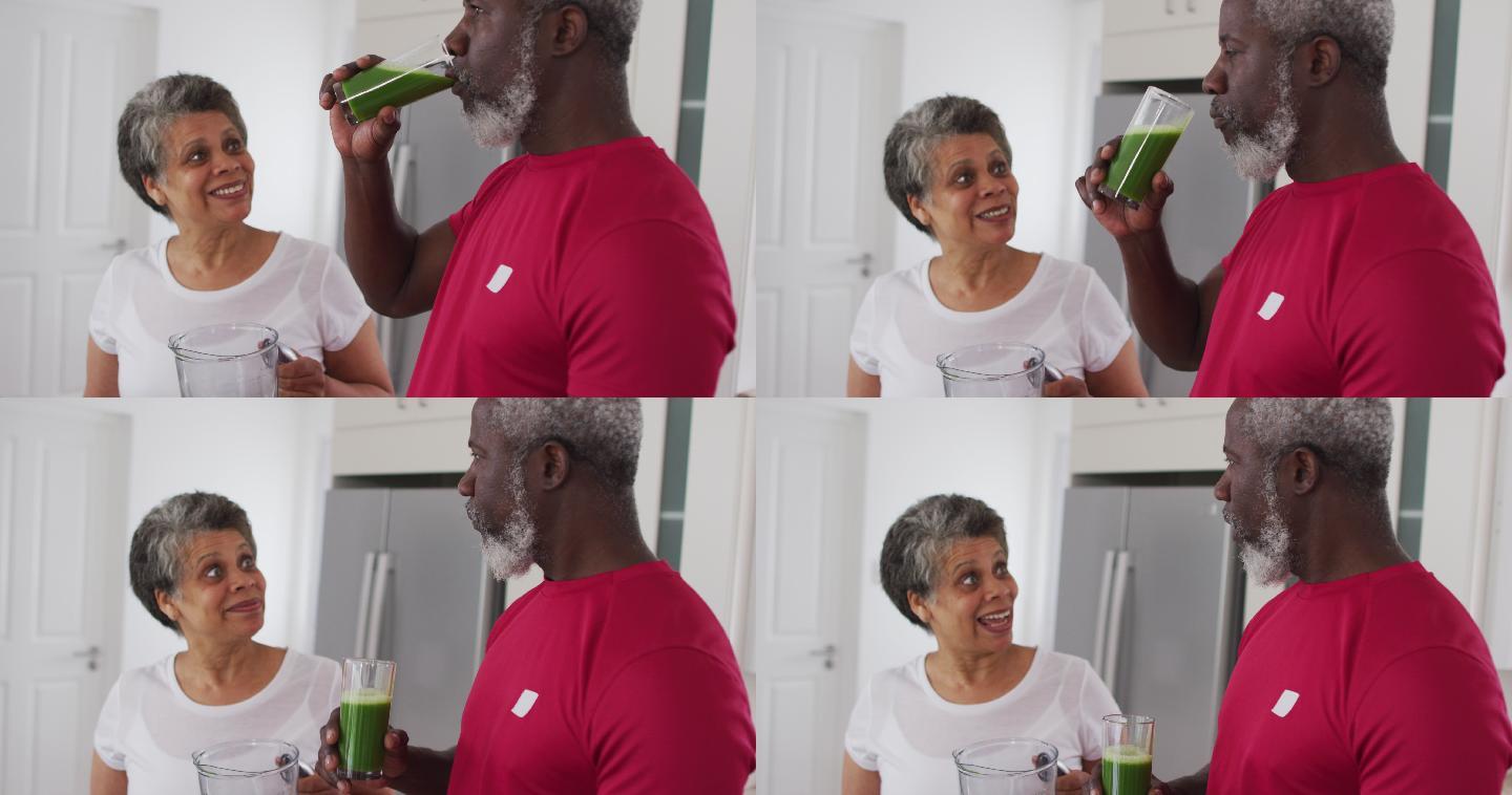 非裔美国老年男女在家饮用果蔬保健饮品