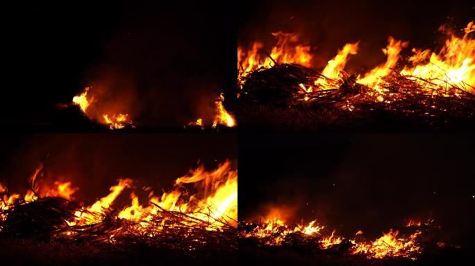 田野夜晚燃烧大火