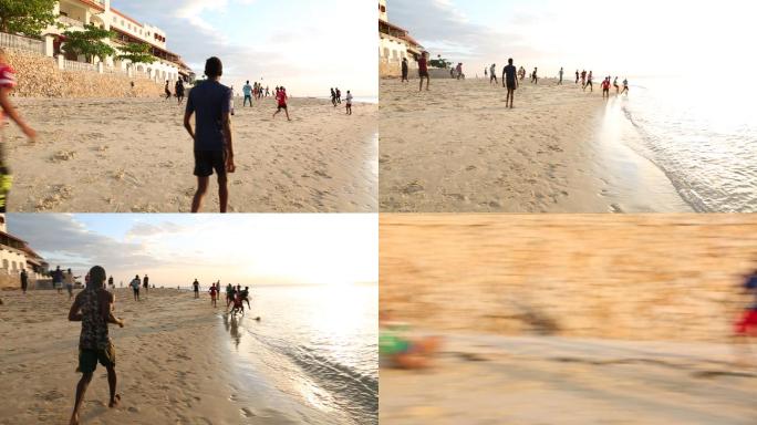 非洲 坦桑尼亚桑吉巴尔岛沙滩足球少年