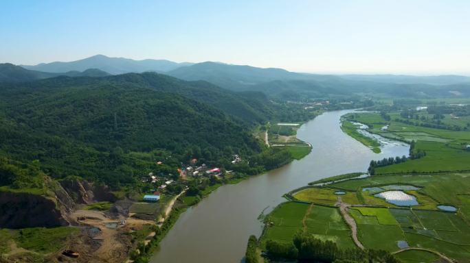 4K稻田牤牛河航拍五常大米水源地五常水域