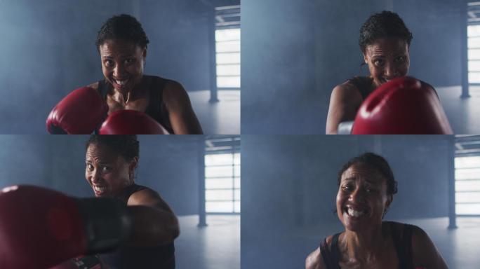 非洲裔美国妇女戴着拳击手套在空房间里训练投掷拳头