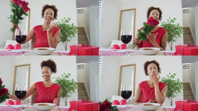 Happy mixed race woman on a valentines date video 