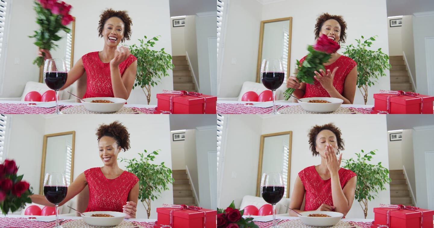 Happy mixed race woman on a valentines date video 