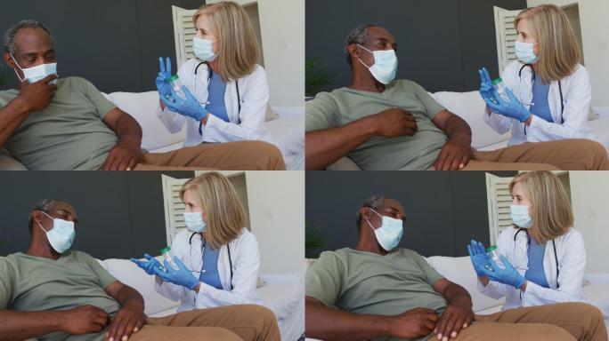 白种高级女医生与戴口罩躺在床上的男病人交谈