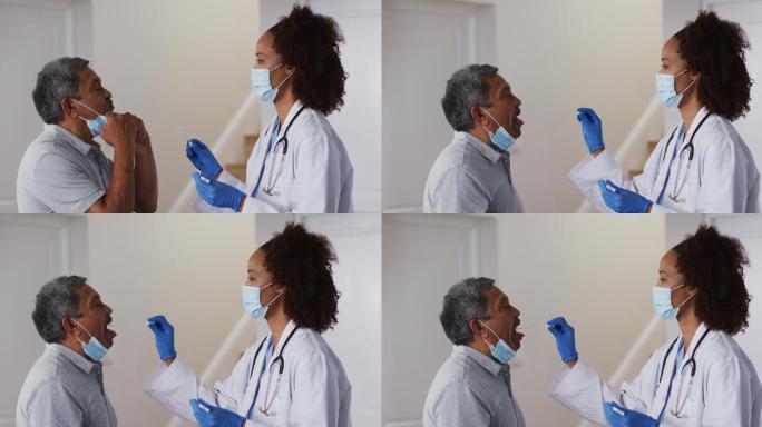 混血女医生戴着口罩在家中对老人做拭子测试