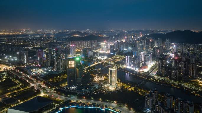 航拍广州南沙自贸区蕉门河中心4k夜景延时