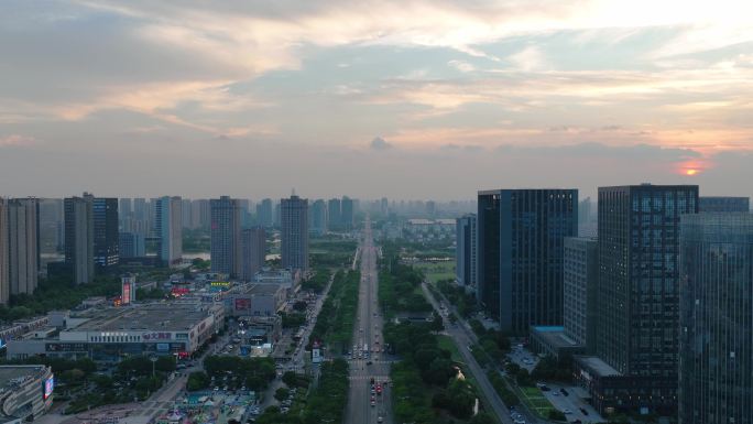 昆山城东世贸前进路日转夜航拍延时繁华夜景