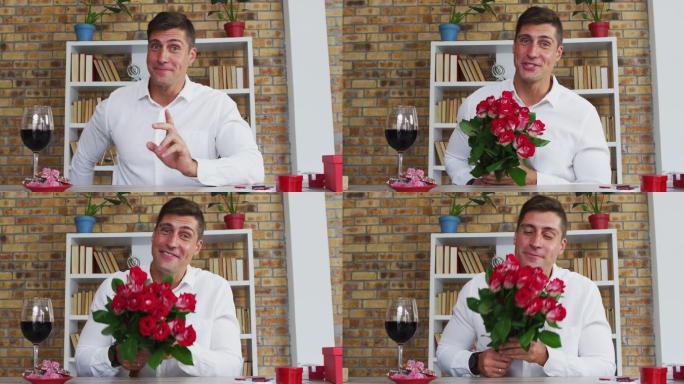 白人男子视频通话，献上一束鲜花，飞吻和微笑