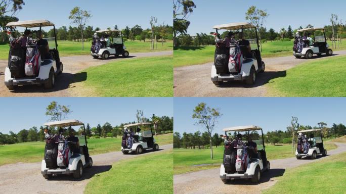 在高尔夫球场上，一群老人开着一辆后面有球杆的高尔夫球车