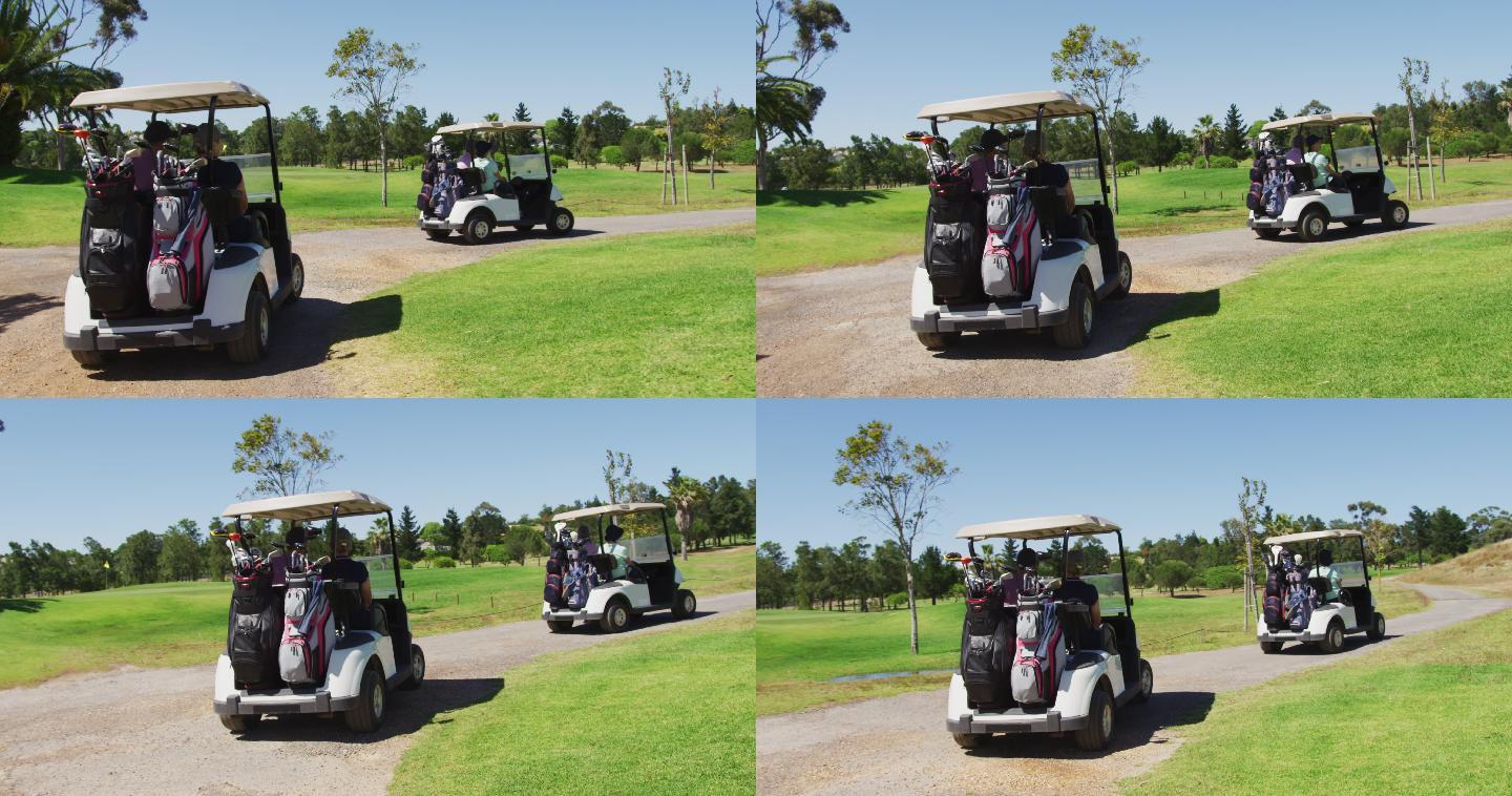在高尔夫球场上，一群老人开着一辆后面有球杆的高尔夫球车