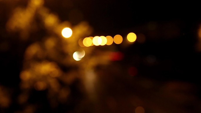 夜晚街上车水马龙路灯树影的虚化